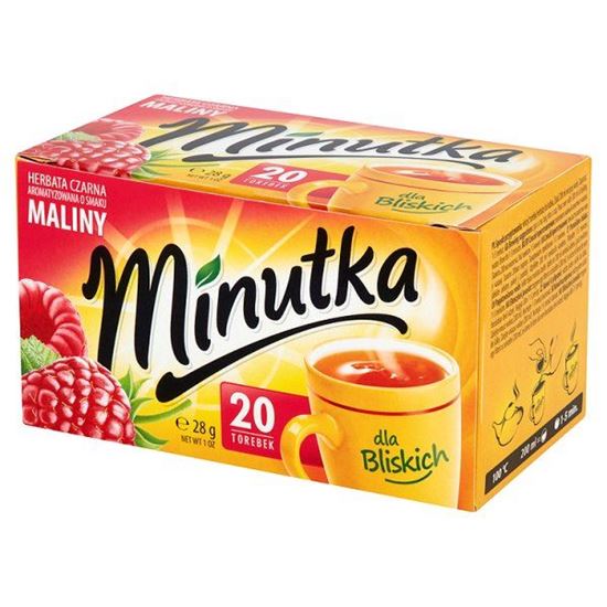 Obrazek Minutka Herbata czarna aromatyzowana o smaku maliny 28 g (20 torebek)