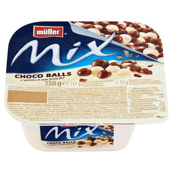 Obrazek Müller Mix Jogurt o smaku waniliowym z kulkami ryżowymi w mlecznej i białej czekoladzie 150 g
