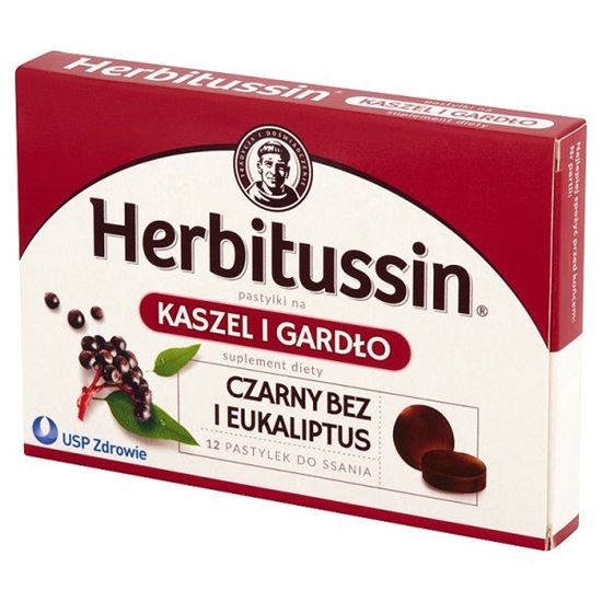 Obrazek Herbitussin Czarny bez i eukaliptus Pastylki na kaszel i gardło Suplement diety 12 pastylek