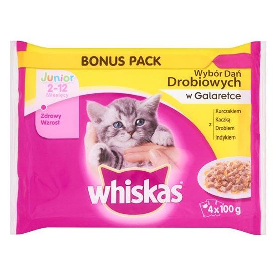 Obrazek Whiskas Junior Wybór dań mięsnych w galaretce Karma pełnoporcjowa 2-12 miesięcy 400 g (4 saszetki)