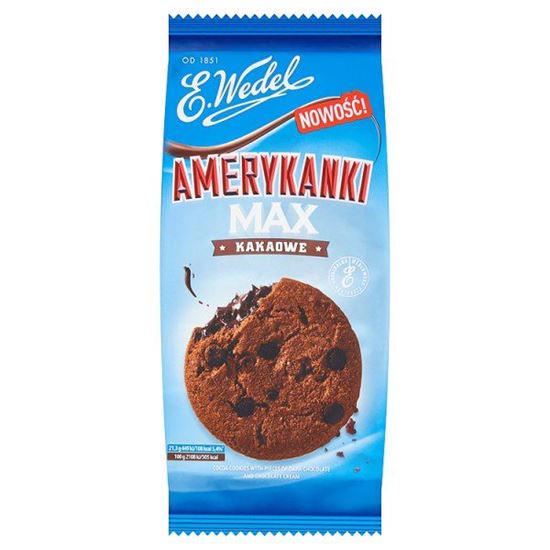 Obrazek E. Wedel Amerykanki Max kakaowe Kruche ciastka z kawałkami czekolady i kremem czekoladowym 170 g