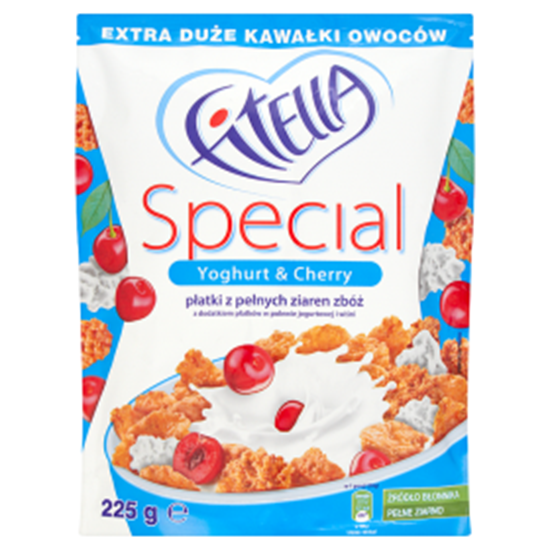 Obrazek Fitella Special Płatki z pełnych ziaren zbóż z dodatkiem płatków w polewie jogurtowej i wiśni 225 g