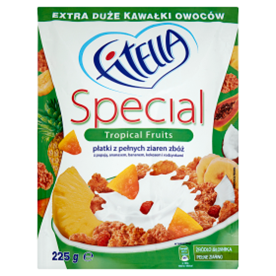 Obrazek Fitella Special Płatki z pełnych ziaren zbóż z papają ananasem bananem kokosem i rodzynkami 225 g
