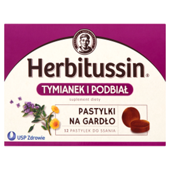 Obrazek Herbitussin Tymianek i podbiał Pastylki na gardło Suplement diety 12 pastylek