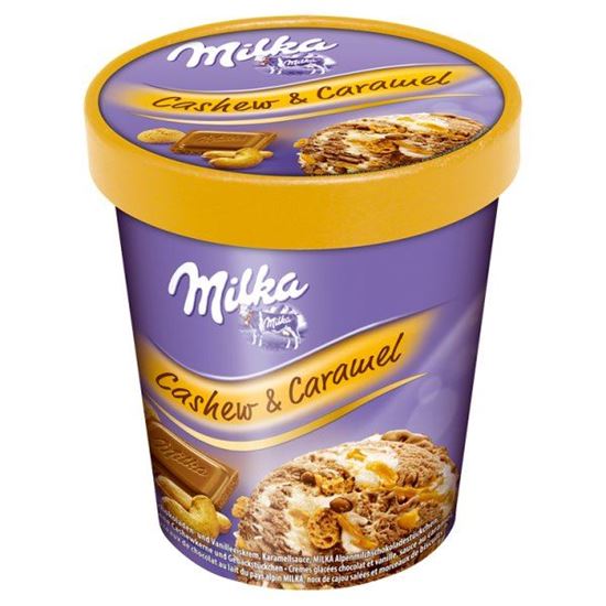 Milka Cashew & Caramel Lody czekoladowe i lody o smaku waniliowym z sosem karmelowym 480 ml