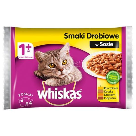 Whiskas 1+ lat Karma pełnoporcjowa smaki drobiowe w sosie 400 g (4 x 100 g)