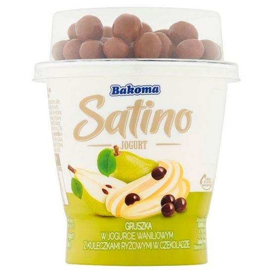 Bakoma Satino Jogurt kremowy waniliowy z gruszkami oraz z kulkami ryżowymi w czekoladzie 155 g