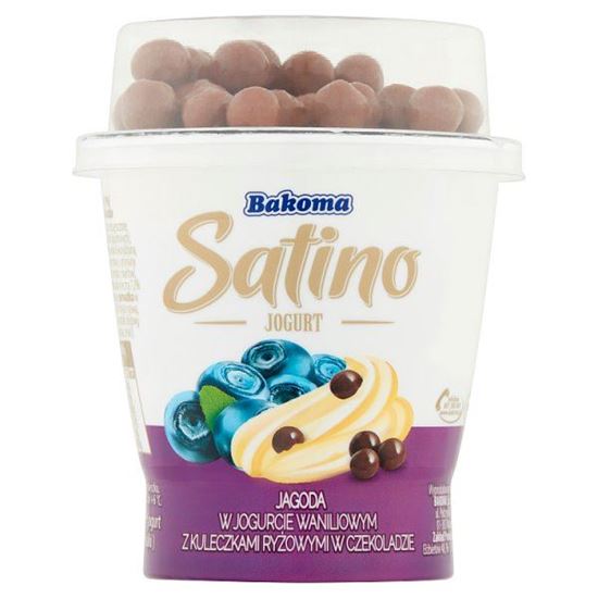 Bakoma Satino Jogurt kremowy waniliowy z jagodami oraz z kulkami ryżowymi w czekoladzie 155 g