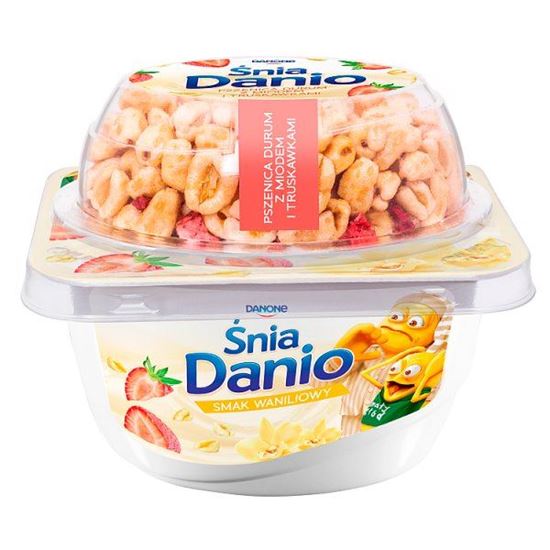 Danone ŚniaDanio Serek homogenizowany smak waniliowy pszenica durum z miodem i truskawkami 135,5 g