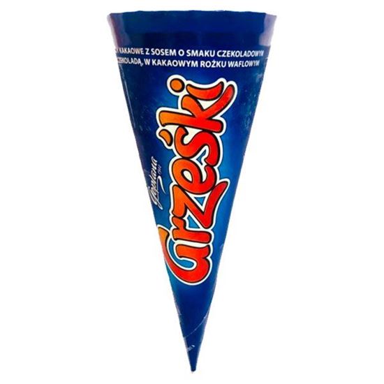 Grześki Lody kakaowe z sosem o smaku czekoladowym i czekoladą w kakaowym rożku waflowym 110 ml