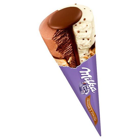 Milka Lody czekoladowe i lody waniliowe z kawałkami czekolady mlecznej w rożku waflowym 110 ml