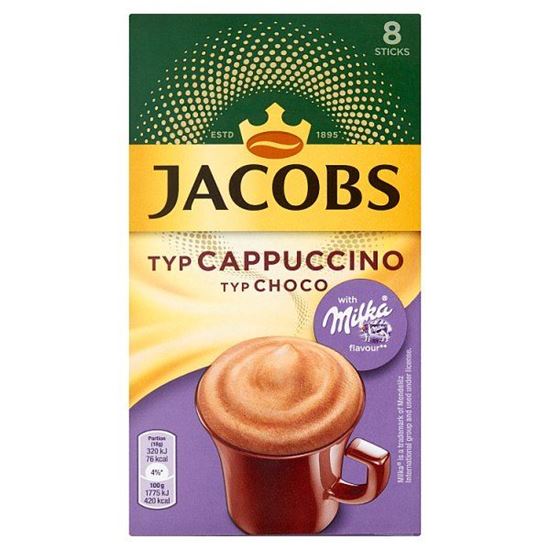 Jacobs Cappuccino Choco Rozpuszczalny napój kawowy o smaku czekolady Milka 144 g (8 x 18 g)