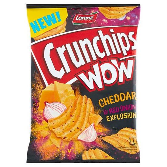 Crunchips Wow Grubo krojone chipsy ziemniaczane o smaku sera cheddar i cebuli 110 g