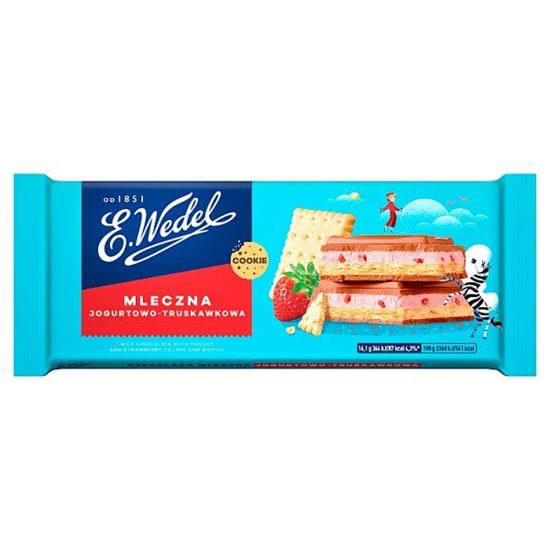 E. Wedel Cookie Czekolada mleczna z nadzieniem jogurtowo-truskawkowym i herbatnikiem 290 g