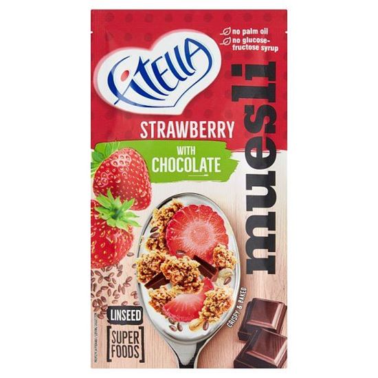 Fitella Musli chrupkie truskawkowe z siemieniem lnianym i kawałkami czekolady 50 g